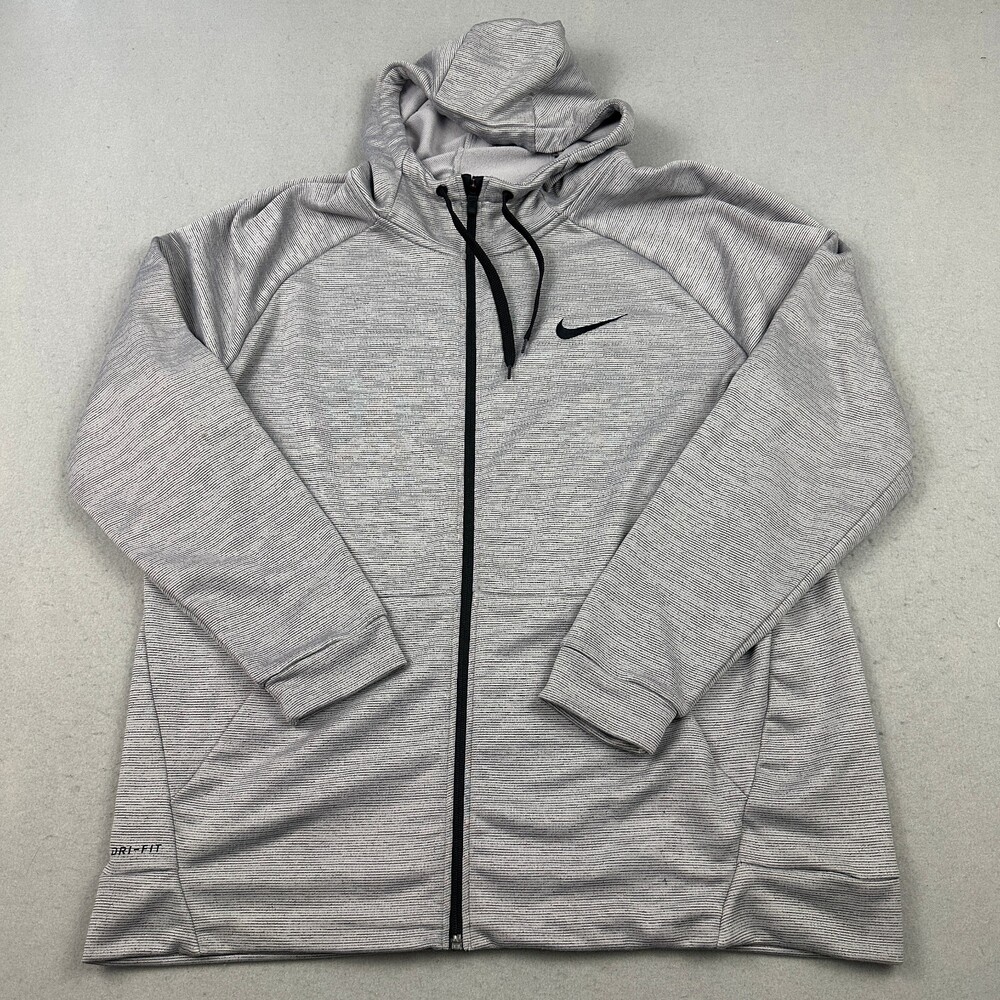 Nike Hoodie Men 2XL Gray Stripe Full Zip Dri-FIT Training Hoodie Swoosh XXL *